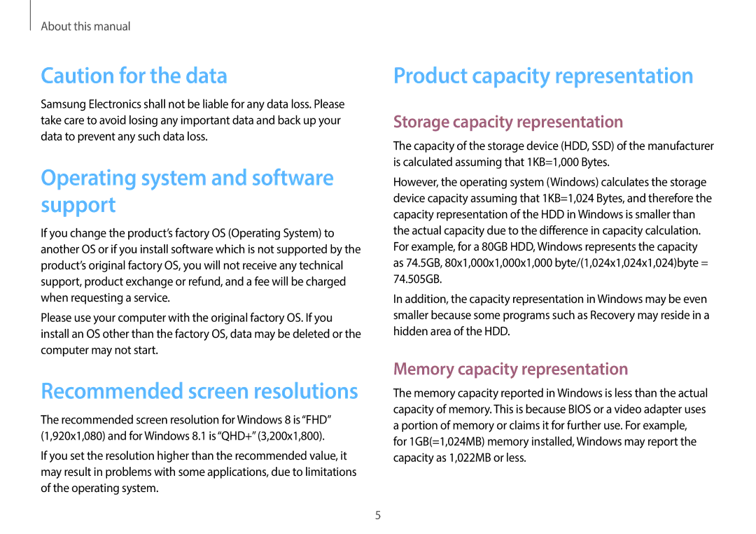 Samsung NP940X3G-K04US user manual Operating system and software support, Product capacity representation 