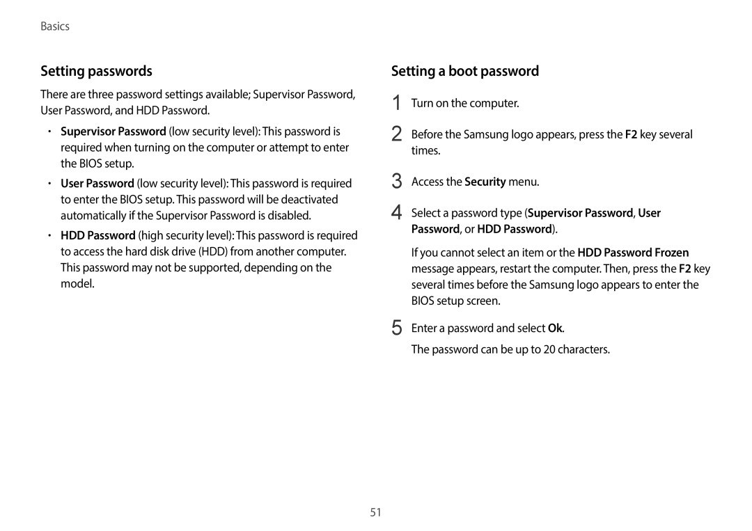 Samsung NP940X3G-K04US user manual Setting passwords, Setting a boot password, Password, or HDD Password 