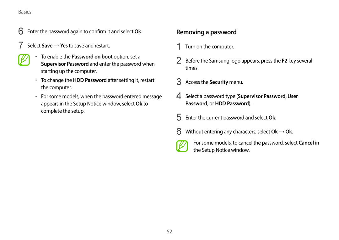 Samsung NP940X3G-K04US Removing a password, Select Save →Yes to save and restart, Enter the current password and select Ok 