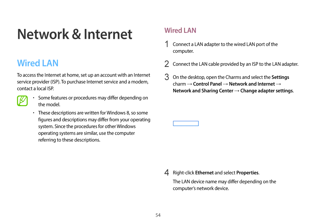 Samsung NP940X3G-K04US user manual Wired LAN, Connect a LAN adapter to the wired LAN port 