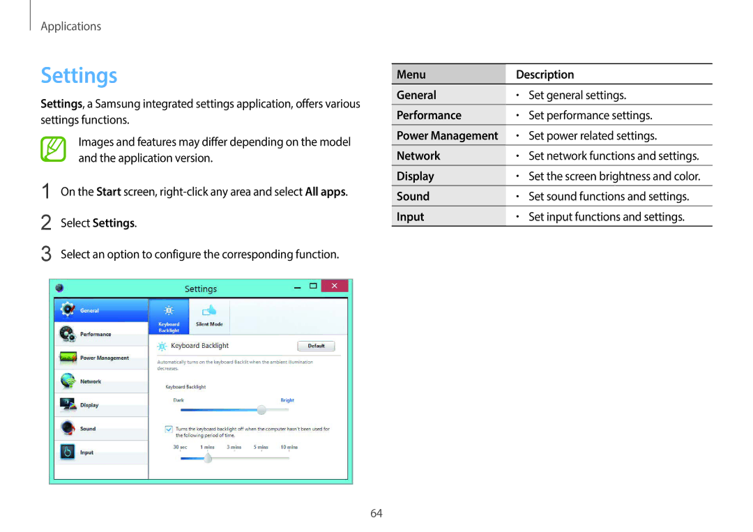 Samsung NP940X3G-K04US user manual Settings 