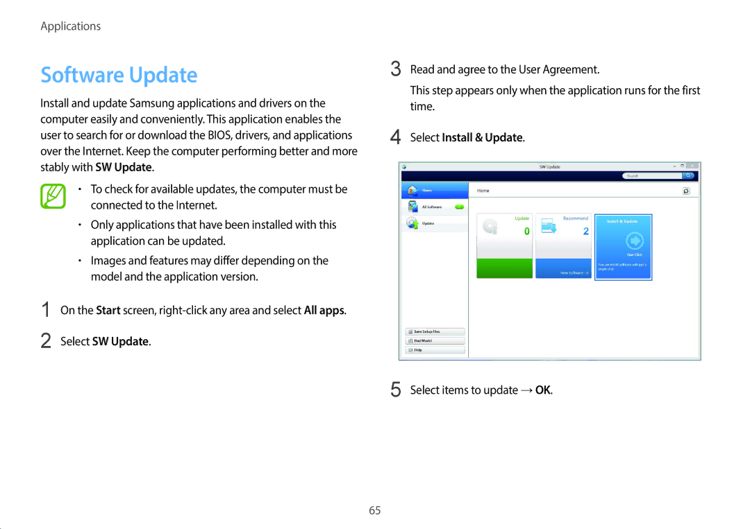 Samsung NP940X3G-K04US user manual Software Update, Select SW Update, Select Install & Update, Select items to update →OK 