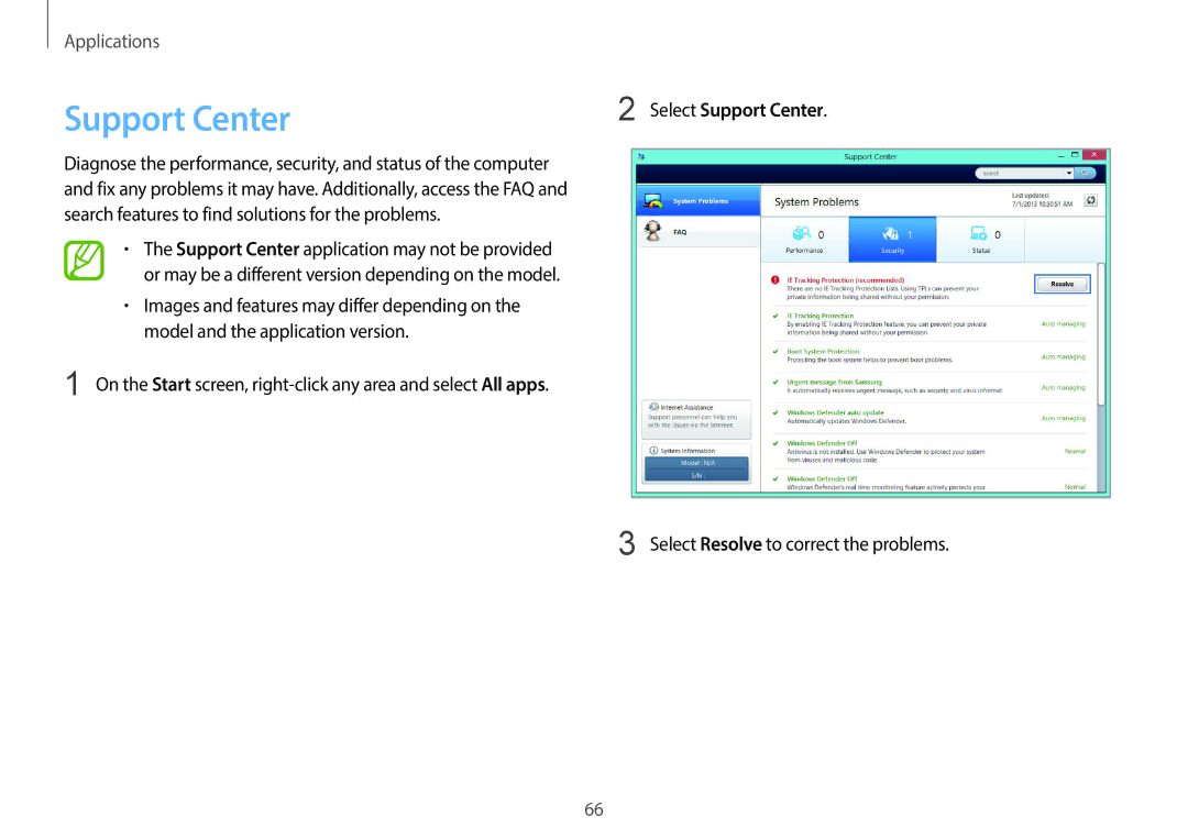 Samsung NP940X3G-K04US user manual Select Support Center, Select Resolve to correct the problems 