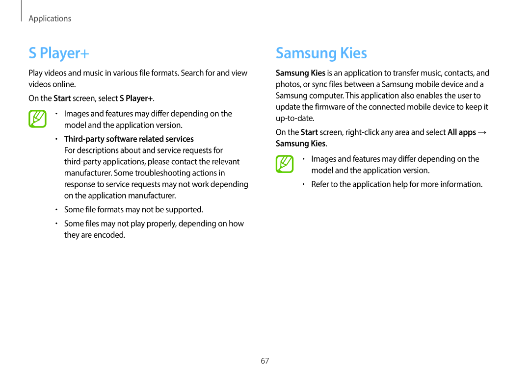 Samsung NP940X3G-K04US user manual Player+, Samsung Kies 