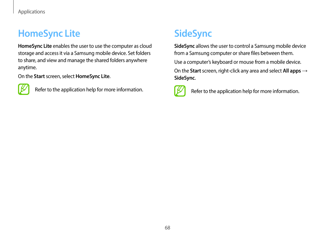 Samsung NP940X3G-K04US user manual HomeSync Lite, SideSync 