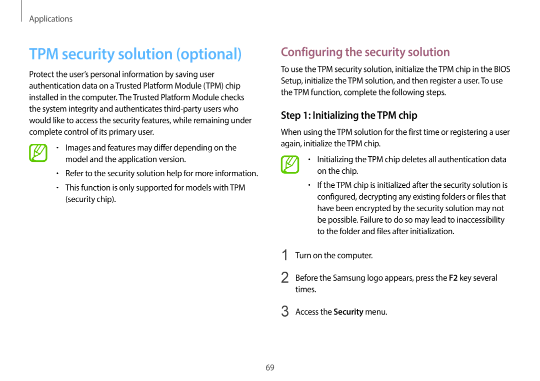 Samsung NP940X3G-K04US TPM security solution optional, Configuring the security solution, Initializing the TPM chip 