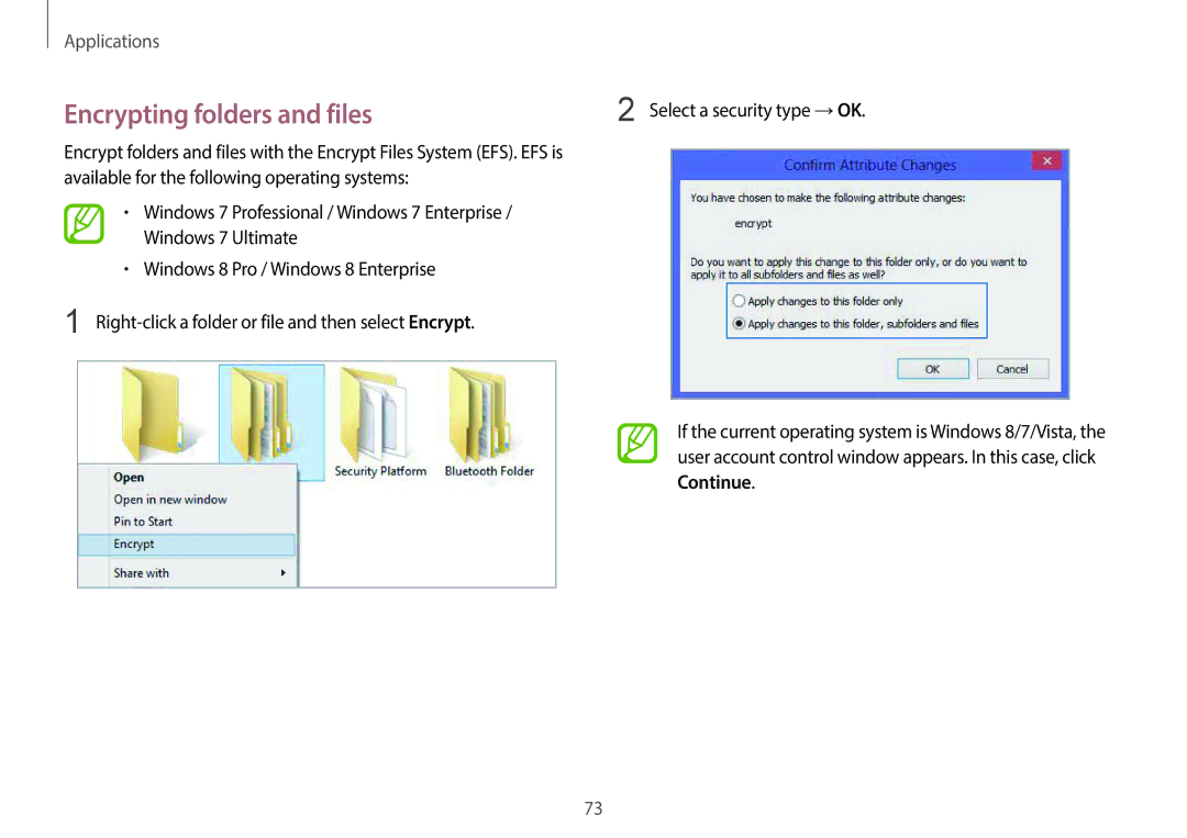 Samsung NP940X3G-K04US user manual Encrypting folders and files 