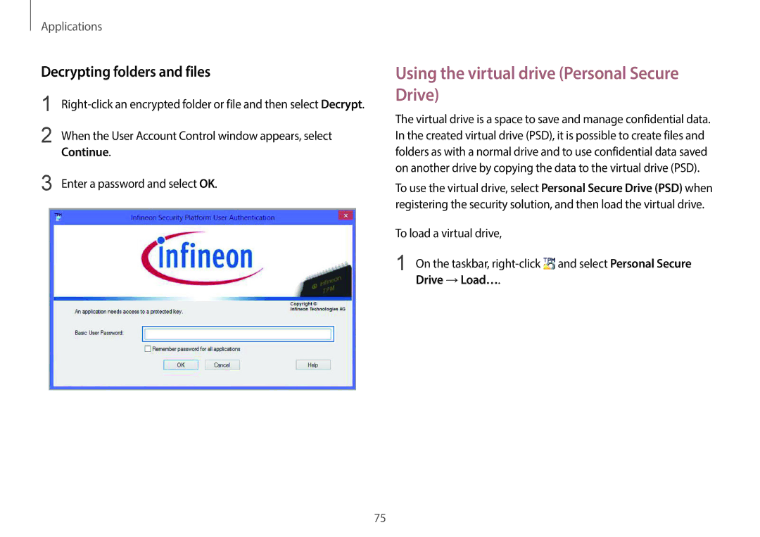 Samsung NP940X3G-K04US user manual Using the virtual drive Personal Secure Drive, Decrypting folders and files 