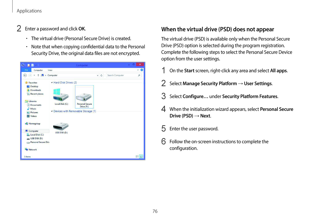 Samsung NP940X3G-K04US When the virtual drive PSD does not appear, Drive PSD →Next, Enter the user password, Configuration 