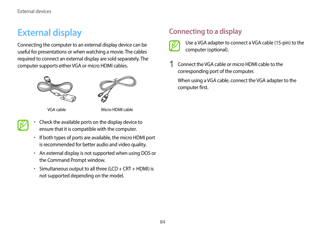 Samsung NP940X3G-K04US user manual External display, Connecting to a display 