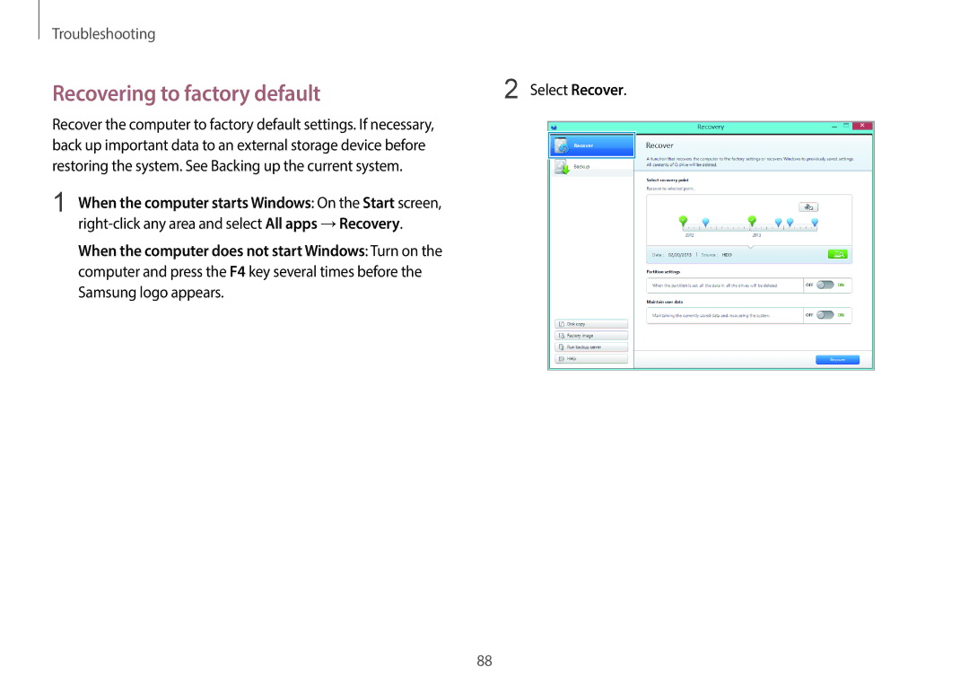 Samsung NP940X3G-K04US user manual Recovering to factory default, Right-click any area and select All apps →Recovery 