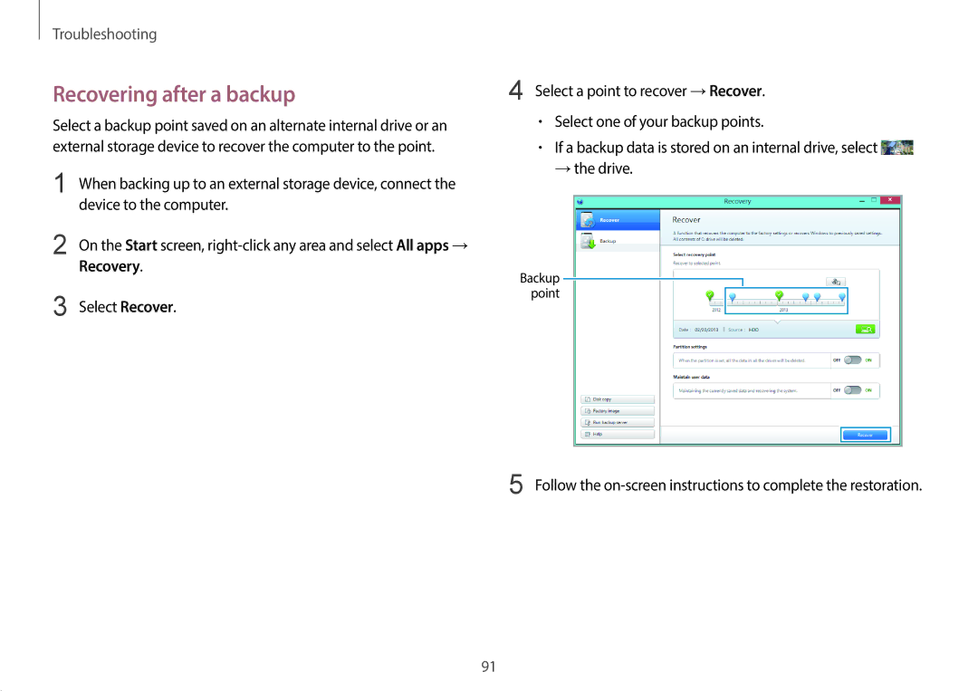 Samsung NP940X3G-K04US user manual Recovering after a backup, Select Recover 