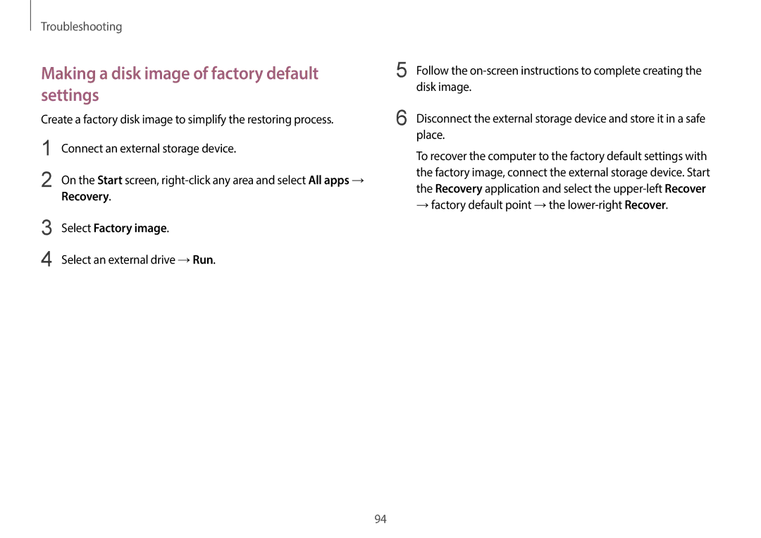 Samsung NP940X3G-K04US user manual Making a disk image of factory default settings, Select Factory image 