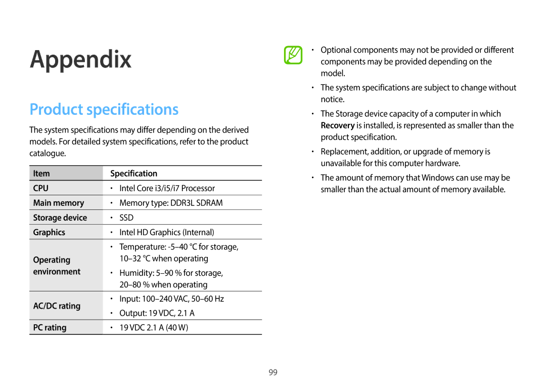 Samsung NP940X3G-K04US user manual Product specifications 