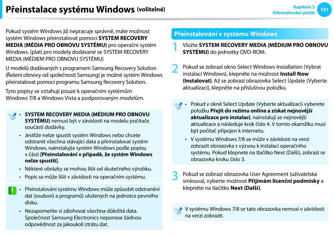 Samsung NP940X3G-K01CZ, NP940X3G-K05AT manual Přeinstalace systému Windows volitelné, Přeinstalování v systému Windows 