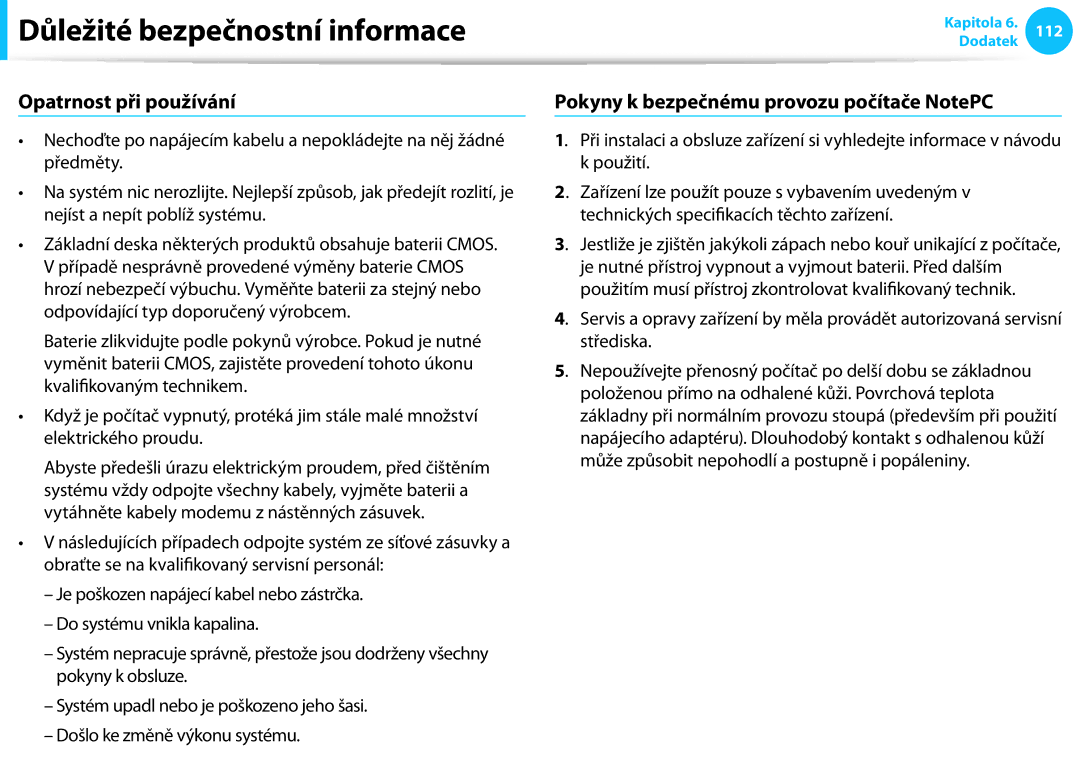 Samsung NP940X3G-K01CH, NP940X3G-K05AT, NP940X3G-K03CH Opatrnost při používání, Pokyny k bezpečnému provozu počítače NotePC 