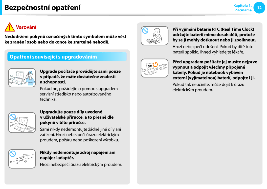 Samsung NP940X3G-K01CH manual Opatření související s upgradováním, Nikdy nedemontuje zdroj napájení ani napájecí adaptér 