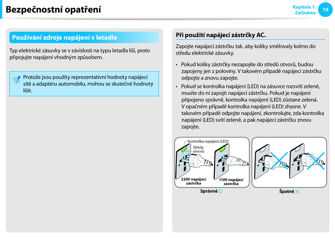 Samsung NP940X3G-K05AT, NP940X3G-K03CH manual Používání zdroje napájení v letadle, Při použití napájecí zástrčky AC 