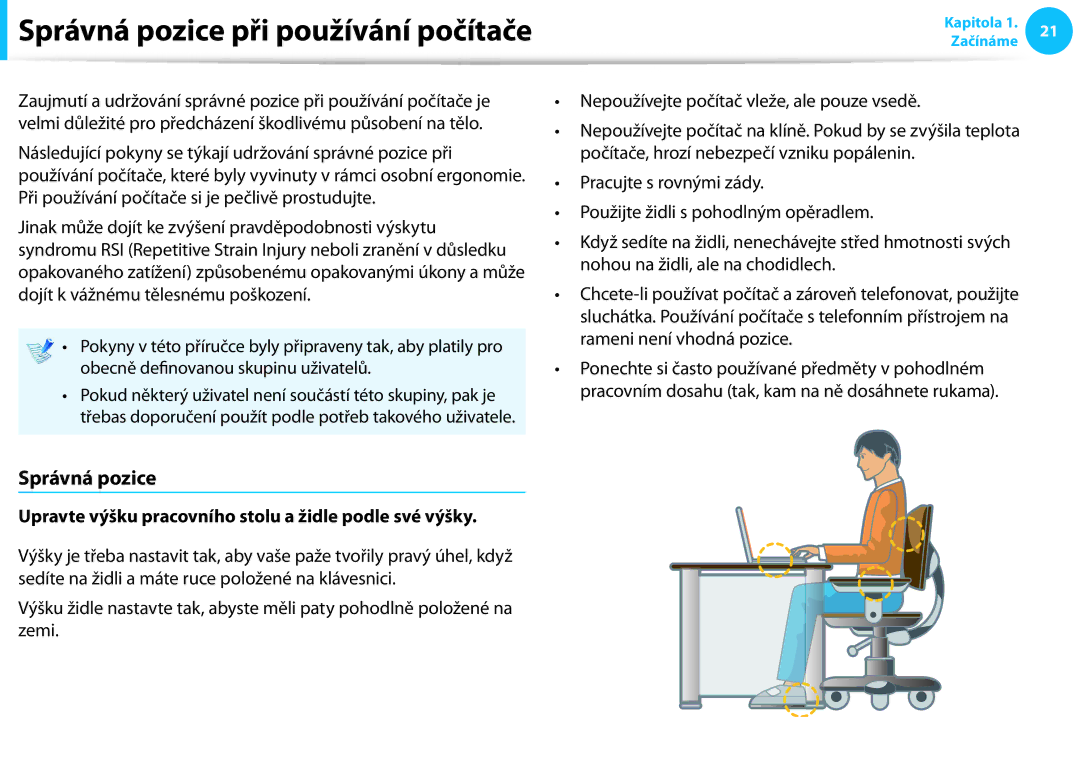 Samsung NP940X3G-K01CZ, NP940X3G-K05AT manual Správná pozice, Upravte výšku pracovního stolu a židle podle své výšky 