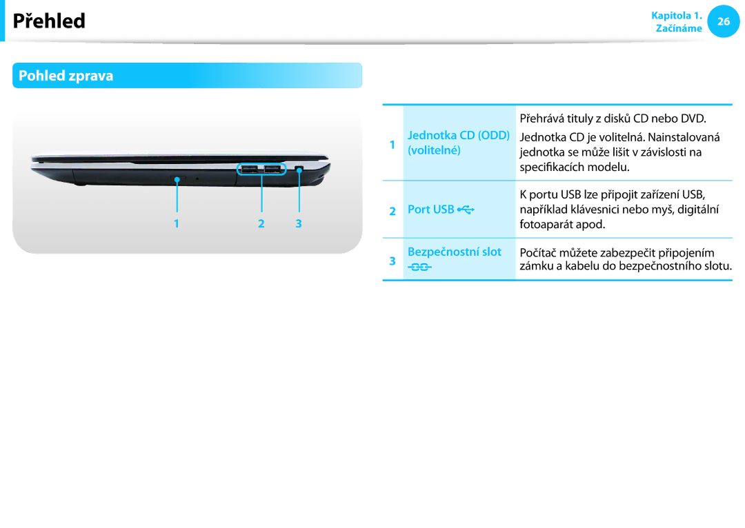 Samsung NP940X3G-K01CZ manual Pohled zprava, Jednotka CD ODD Volitelné, Port USB Portu USB lze připojit zařízení USB 