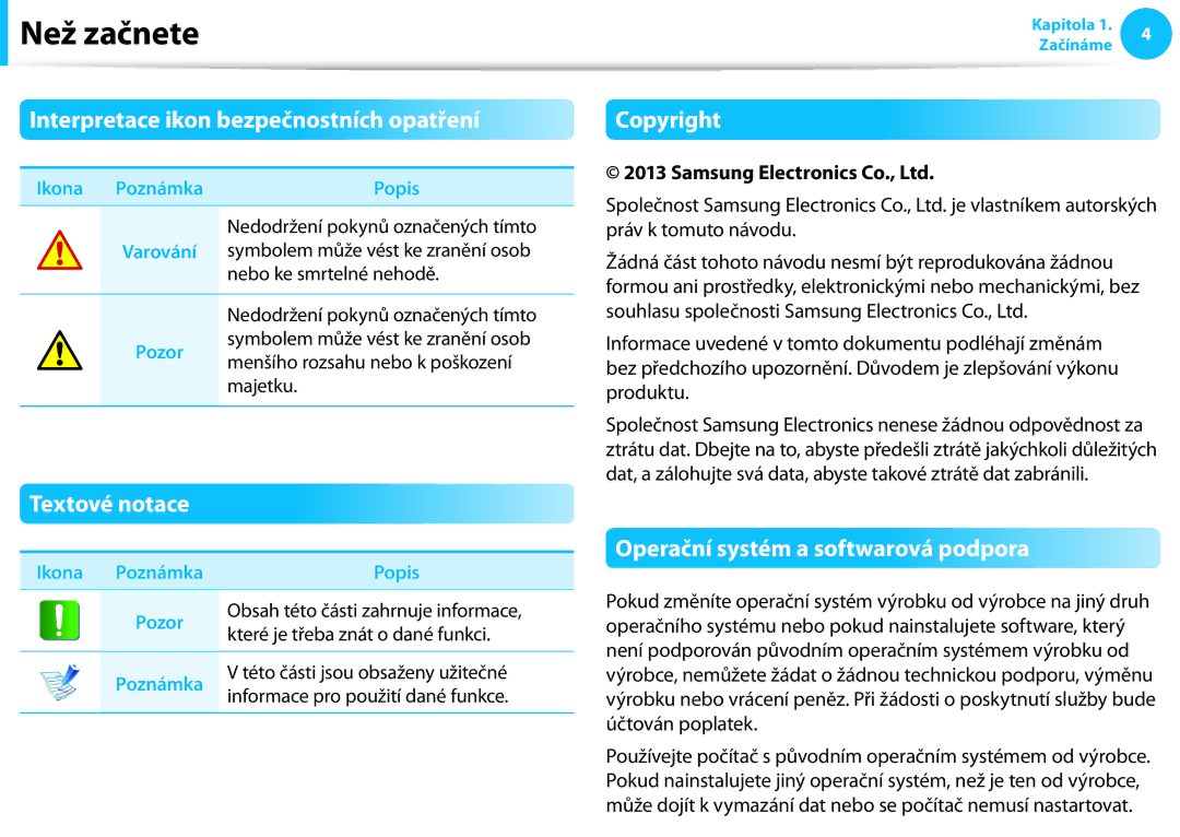 Samsung NP940X3G-K05AT manual Interpretace ikon bezpečnostních opatření, Textové notace, Copyright, Ikona Poznámka 
