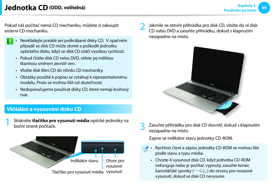 Samsung NP940X3G-K05AT, NP940X3G-K03CH, NP940X3G-K01CZ manual Vkládání a vysouvání disku CD, Jednotka CD ODD, volitelná 