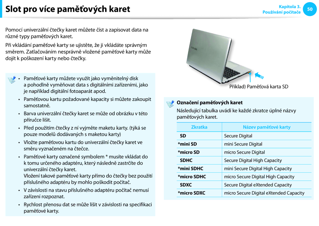 Samsung NP940X3G-K03CH manual Slot pro více paměťových karet, Příklad Paměťová karta SD, Označení paměťových karet 