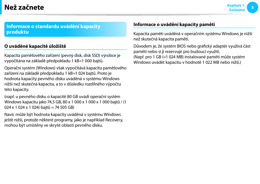 Samsung NP940X3G-K03CH, NP940X3G-K05AT manual Informace o standardu uvádění kapacity produktu, Uváděné kapacitě úložiště 