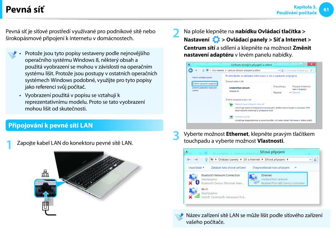 Samsung NP940X3G-K01CZ manual Pevná síť, Připojování k pevné síti LAN, Zapojte kabel LAN do konektoru pevné sítě LAN 