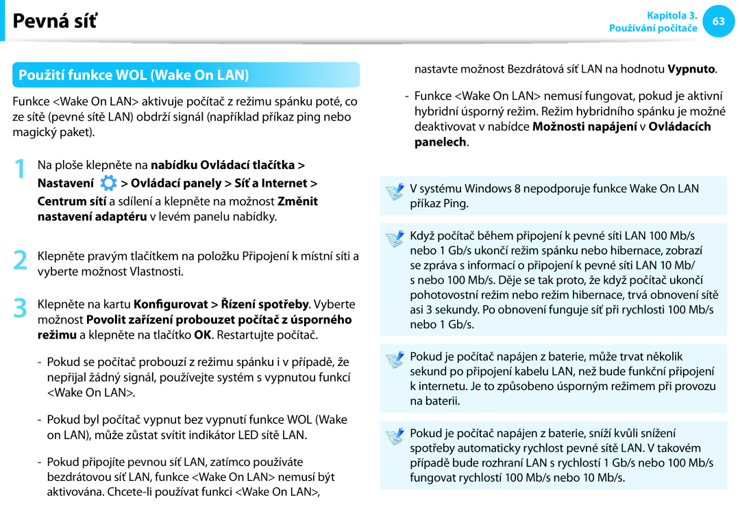 Samsung NP940X3G-K05CH, NP940X3G-K05AT, NP940X3G-K03CH, NP940X3G-K01CZ manual Použití funkce WOL Wake On LAN, Nastavení 