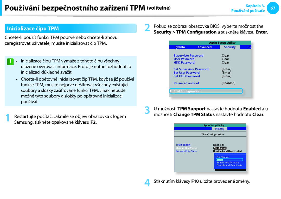 Samsung NP940X3G-K01CH, NP940X3G-K05AT Používání bezpečnostního zařízení TPM volitelné, Inicializace čipu TPM, Používat 