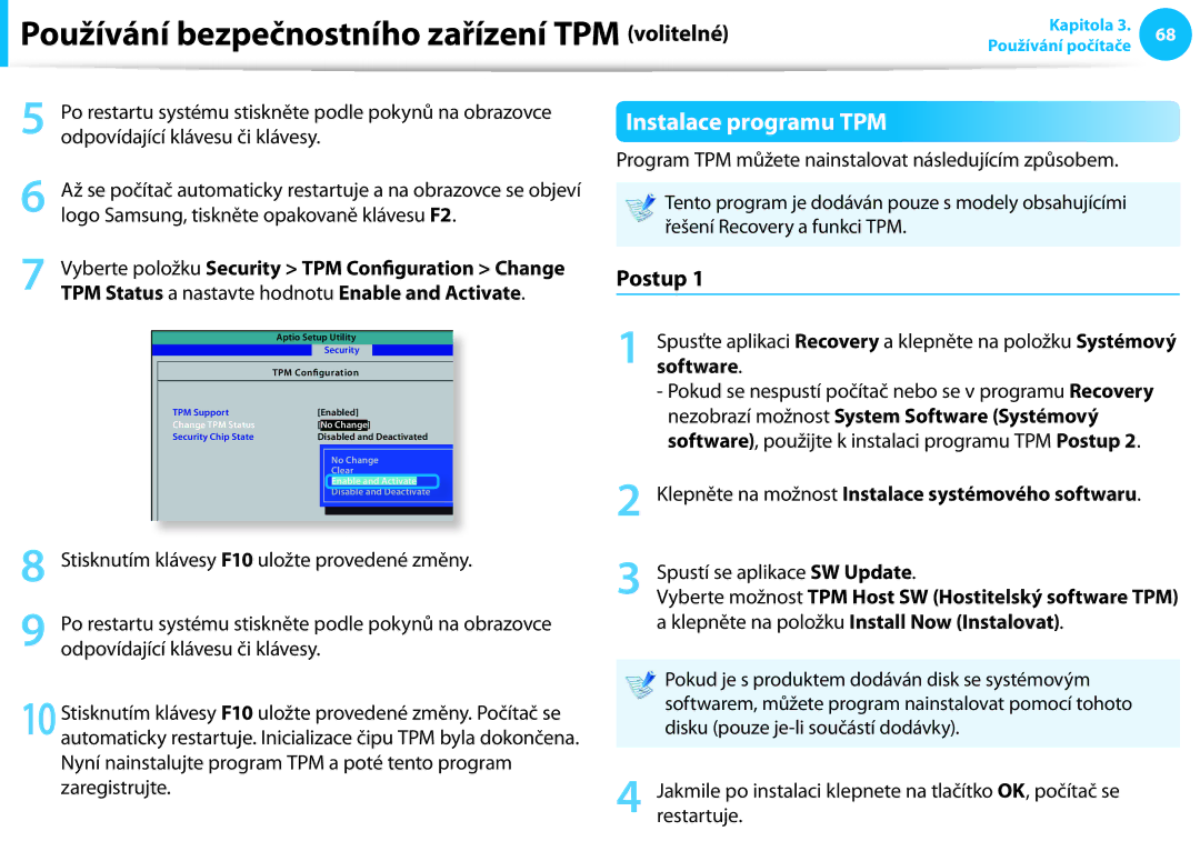 Samsung NP940X3G-K05CH, NP940X3G-K05AT, NP940X3G-K03CH, NP940X3G-K01CZ, NP940X3G-K01CH manual Instalace programu TPM, Postup 