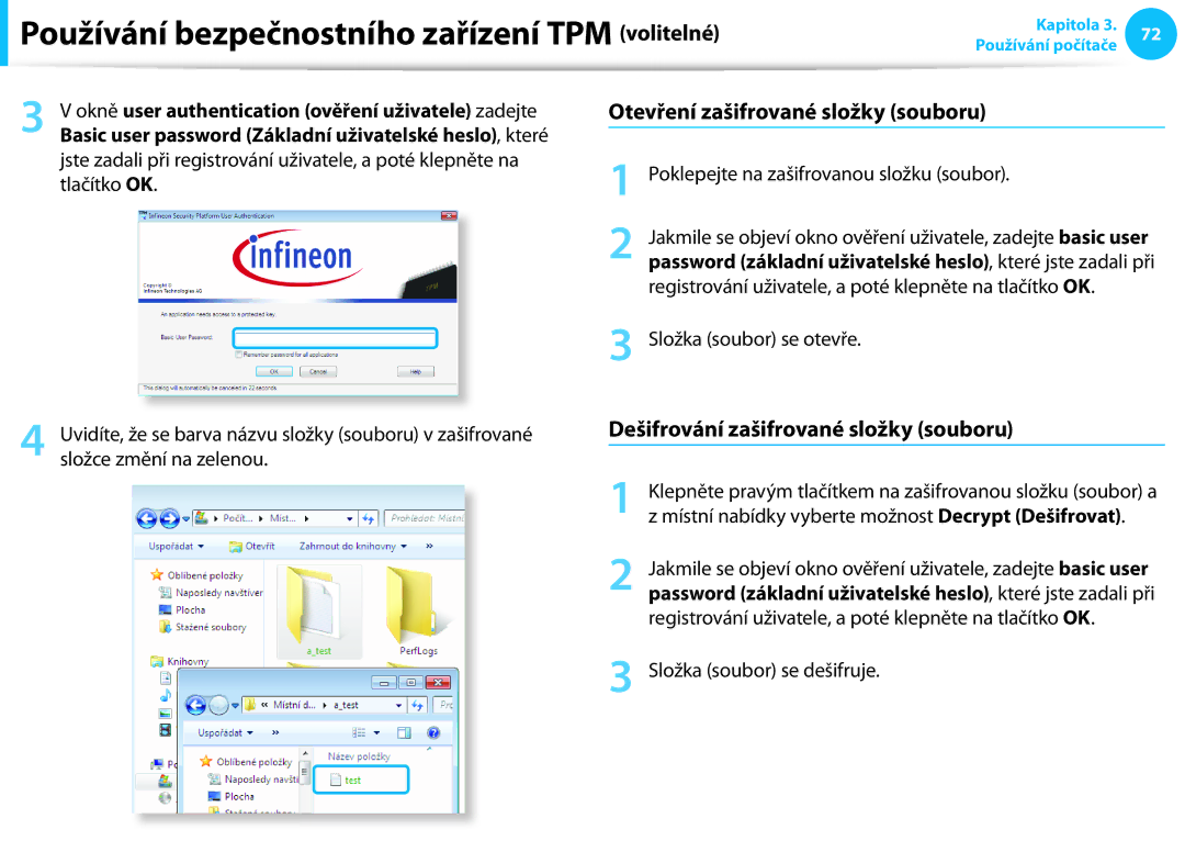Samsung NP940X3G-K01CH, NP940X3G-K05AT manual Otevření zašifrované složky souboru, Dešifrování zašifrované složky souboru 