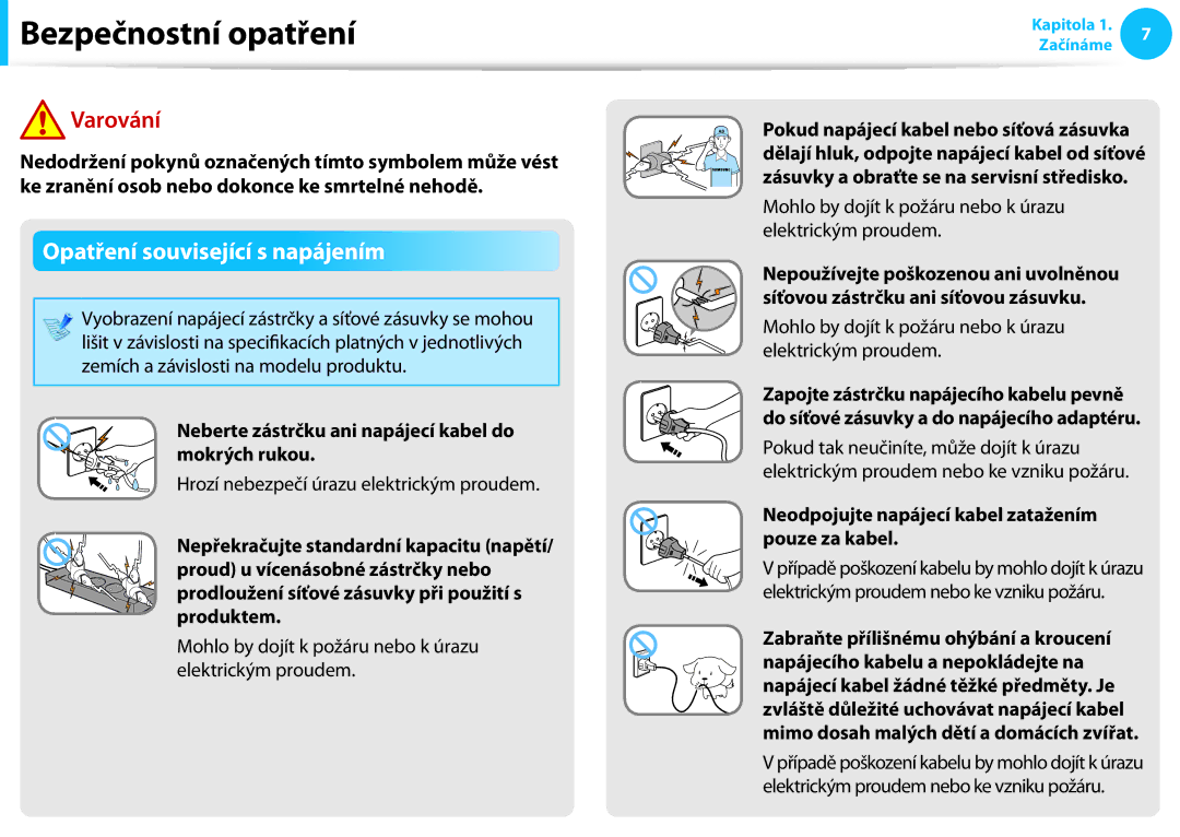 Samsung NP940X3G-K01CH manual Opatření související s napájením, Neberte zástrčku ani napájecí kabel do mokrých rukou 