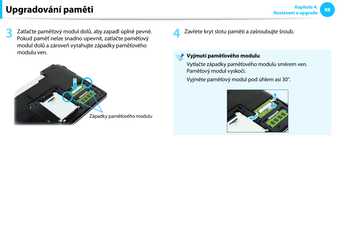 Samsung NP940X3G-K05CH, NP940X3G-K05AT manual Zavřete kryt slotu paměti a zašroubujte šroub, Vyjmutí paměťového modulu 