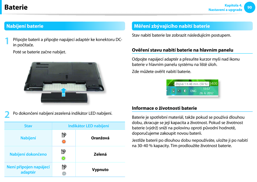 Samsung NP940X3G-K03CH Nabíjení baterie, Měření zbývajícího nabití baterie, Ověření stavu nabití baterie na hlavním panelu 