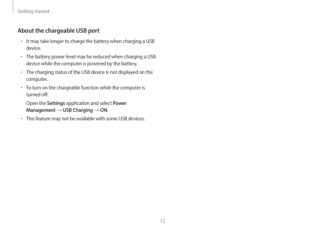 Samsung NP940X3GK04US user manual About the chargeable USB port, This feature may not be available with some USB devices 