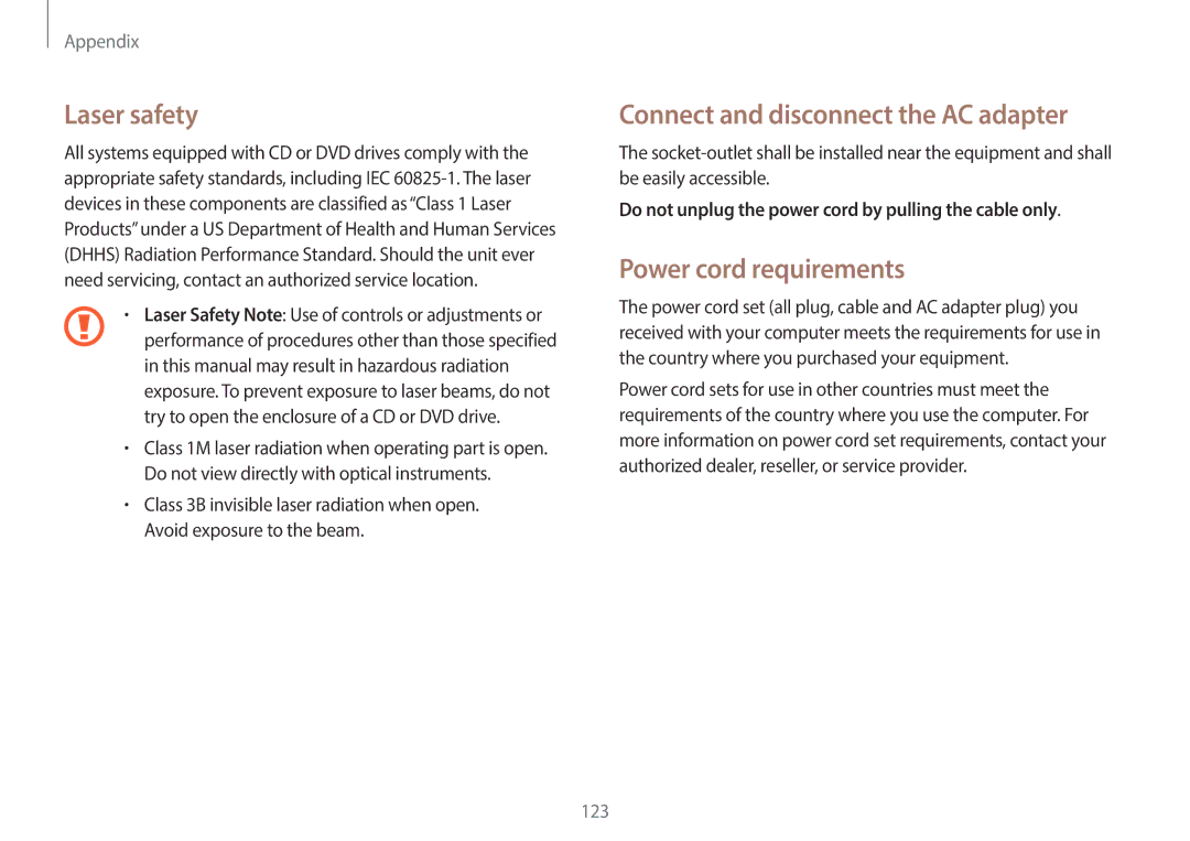 Samsung NP940X3G-K01US, NP940X3GK04US Laser safety, Connect and disconnect the AC adapter, Power cord requirements 