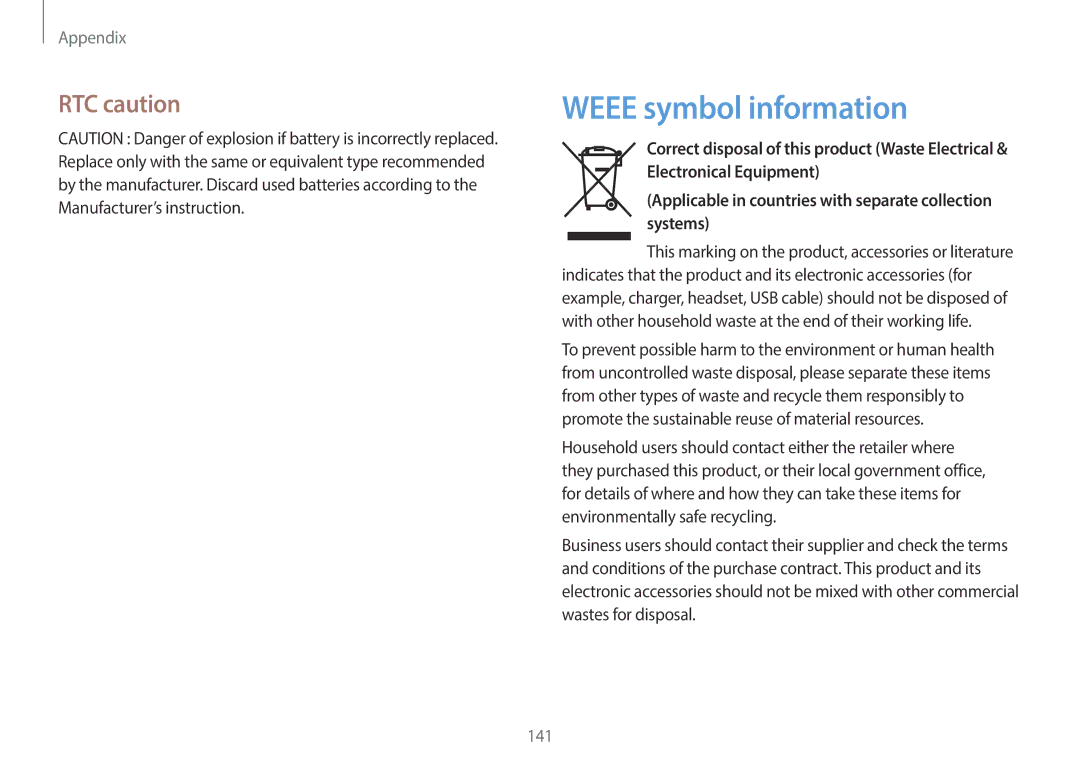 Samsung NP940X3GK01US, NP940X3GK04US, NP940X3G-K04US, NP940X3G-K01US user manual Weee symbol information, RTC caution 