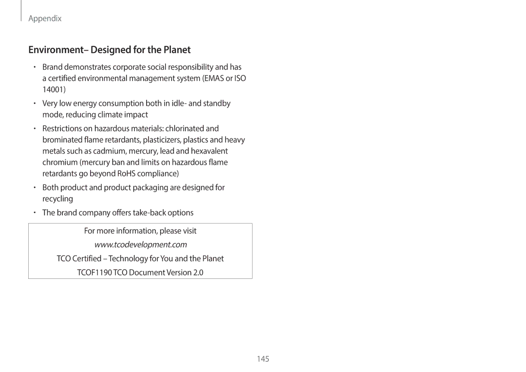 Samsung NP940X3GK01US, NP940X3GK04US, NP940X3G-K04US, NP940X3G-K01US user manual Environment- Designed for the Planet, 145 