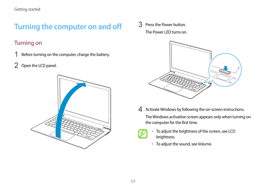 Samsung NP940X3GK01US, NP940X3GK04US, NP940X3G-K04US, NP940X3G-K01US user manual Turning the computer on and off, Turning on 