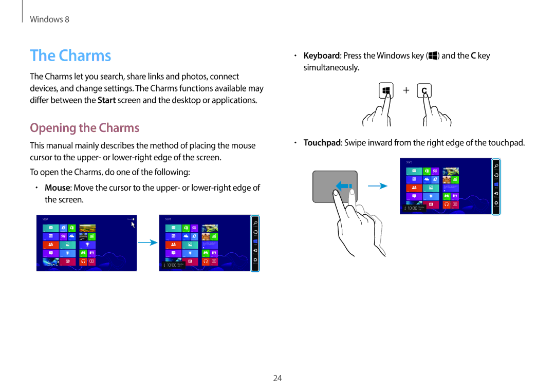 Samsung NP940X3GK04US, NP940X3GK01US, NP940X3G-K04US, NP940X3G-K01US user manual Opening the Charms 