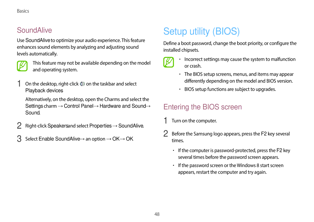 Samsung NP940X3GK04US, NP940X3GK01US, NP940X3G-K04US user manual Setup utility Bios, SoundAlive, Entering the Bios screen 