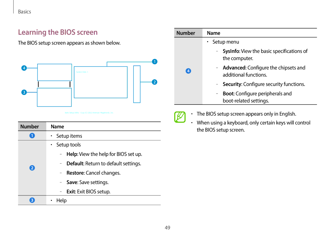 Samsung NP940X3GK01US, NP940X3GK04US Learning the Bios screen, Bios setup screen appears as shown below, Number Name 