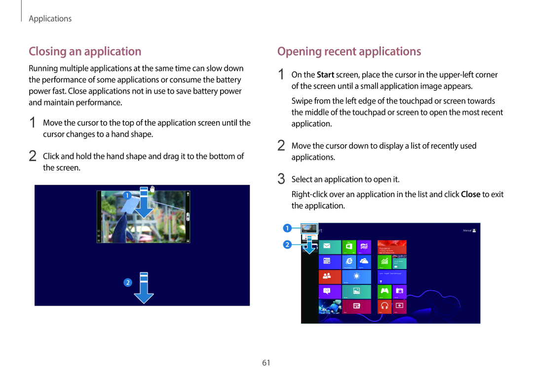Samsung NP940X3GK01US Closing an application, Opening recent applications, Cursor changes to a hand shape, Application 