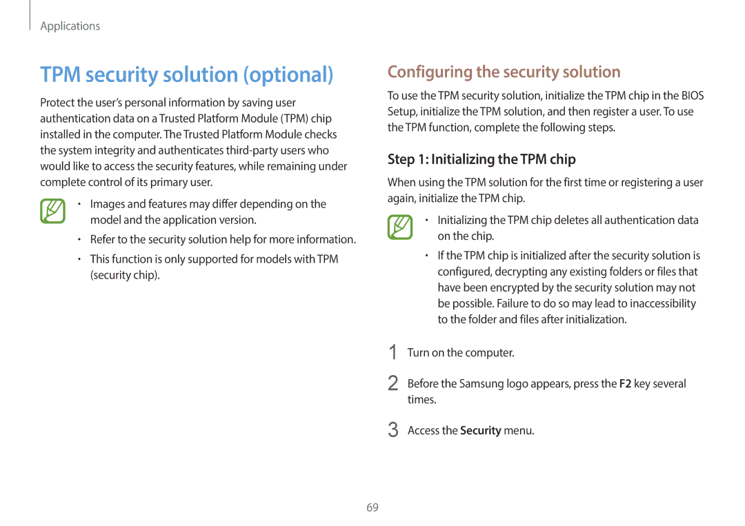 Samsung NP940X3GK01US TPM security solution optional, Configuring the security solution, Initializing the TPM chip 