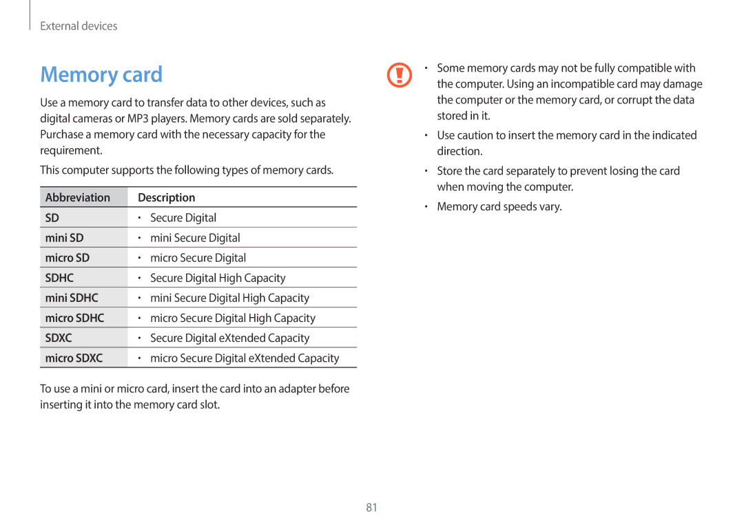 Samsung NP940X3GK01US, NP940X3GK04US, NP940X3G-K04US, NP940X3G-K01US user manual Memory card 