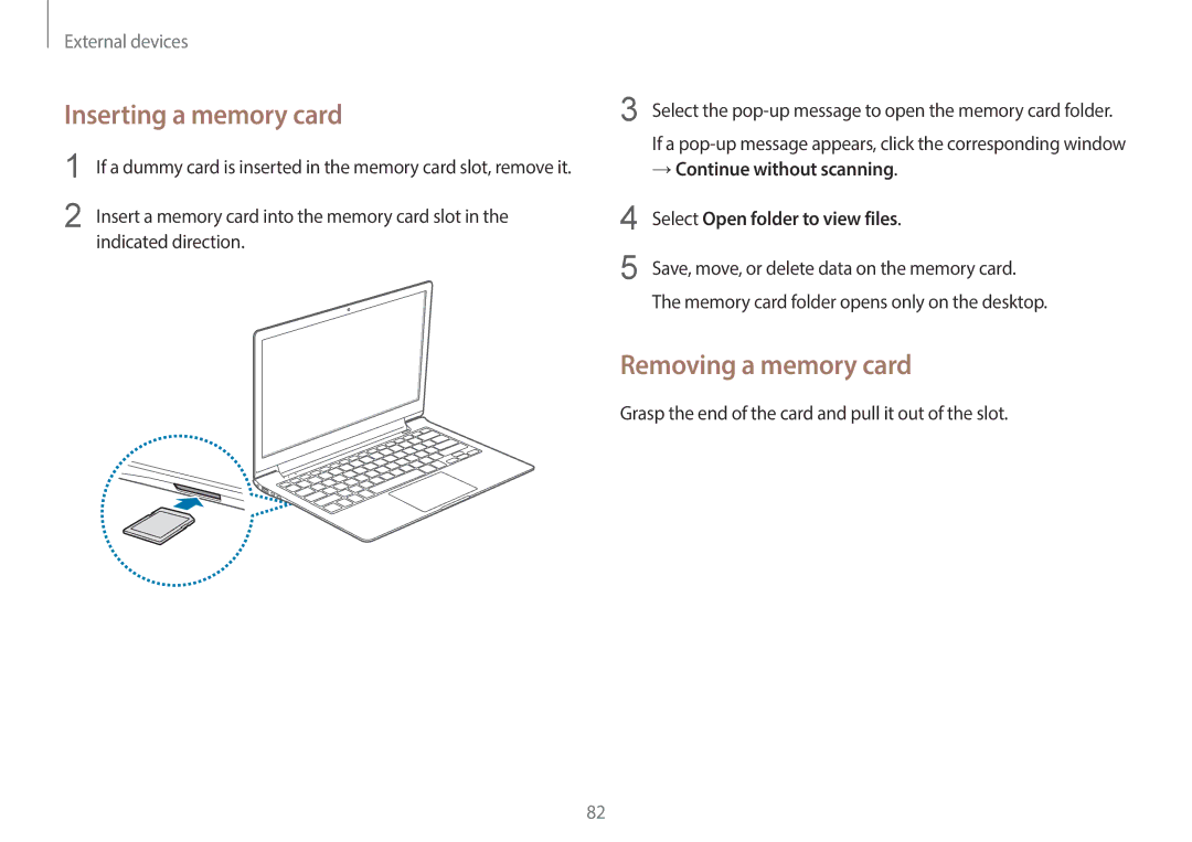 Samsung NP940X3G-K04US, NP940X3GK04US Inserting a memory card, Removing a memory card, →Continue without scanning 