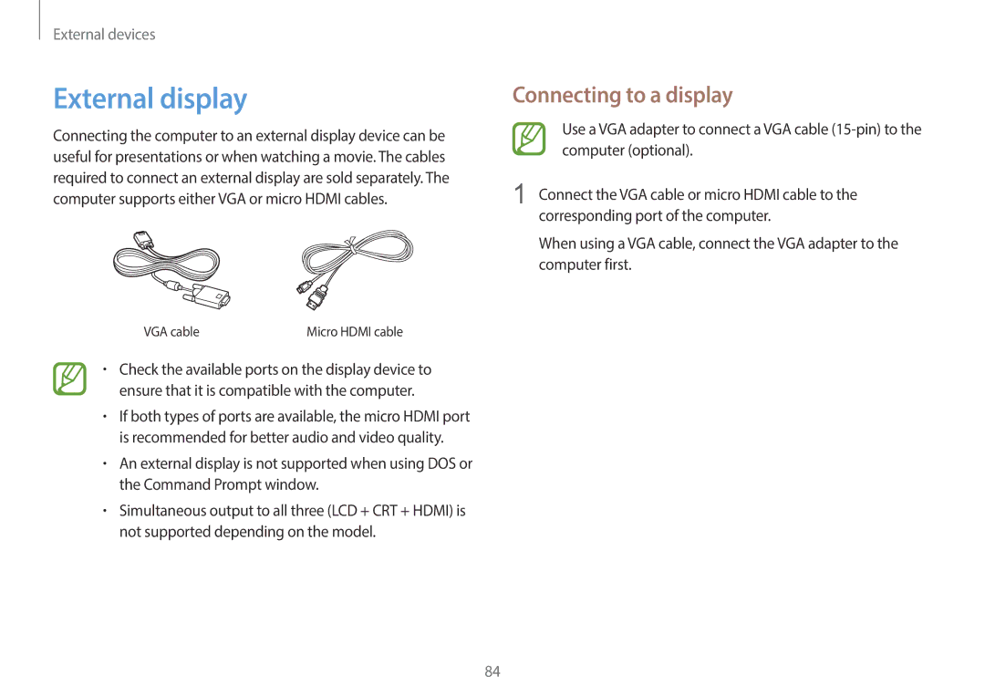 Samsung NP940X3GK04US, NP940X3GK01US, NP940X3G-K04US, NP940X3G-K01US user manual External display, Connecting to a display 