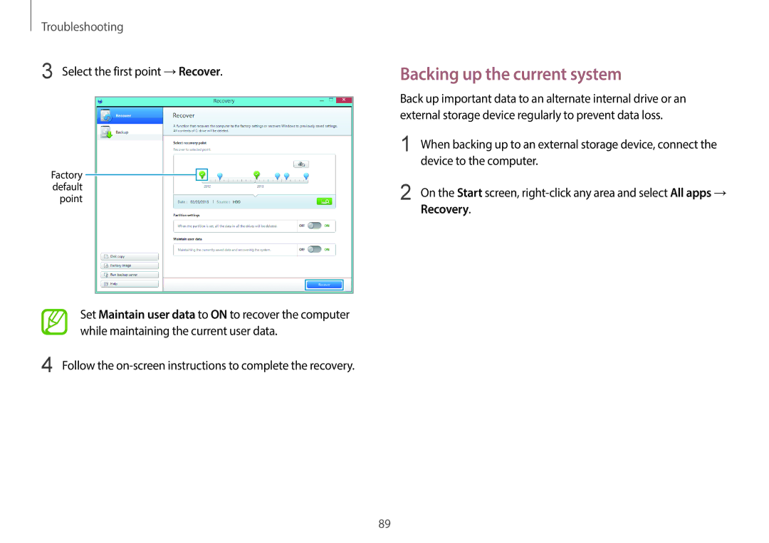 Samsung NP940X3GK01US Backing up the current system, Select the first point →Recover, Device to the computer, Recovery 